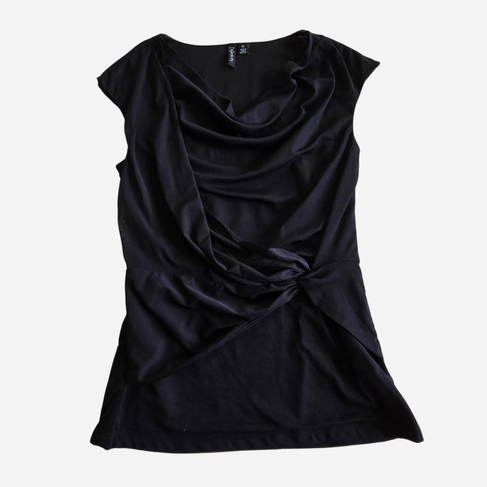 Micro mesh faux wrap cowl neck black top / Avant Garde, Artsy, Alt, Capsule